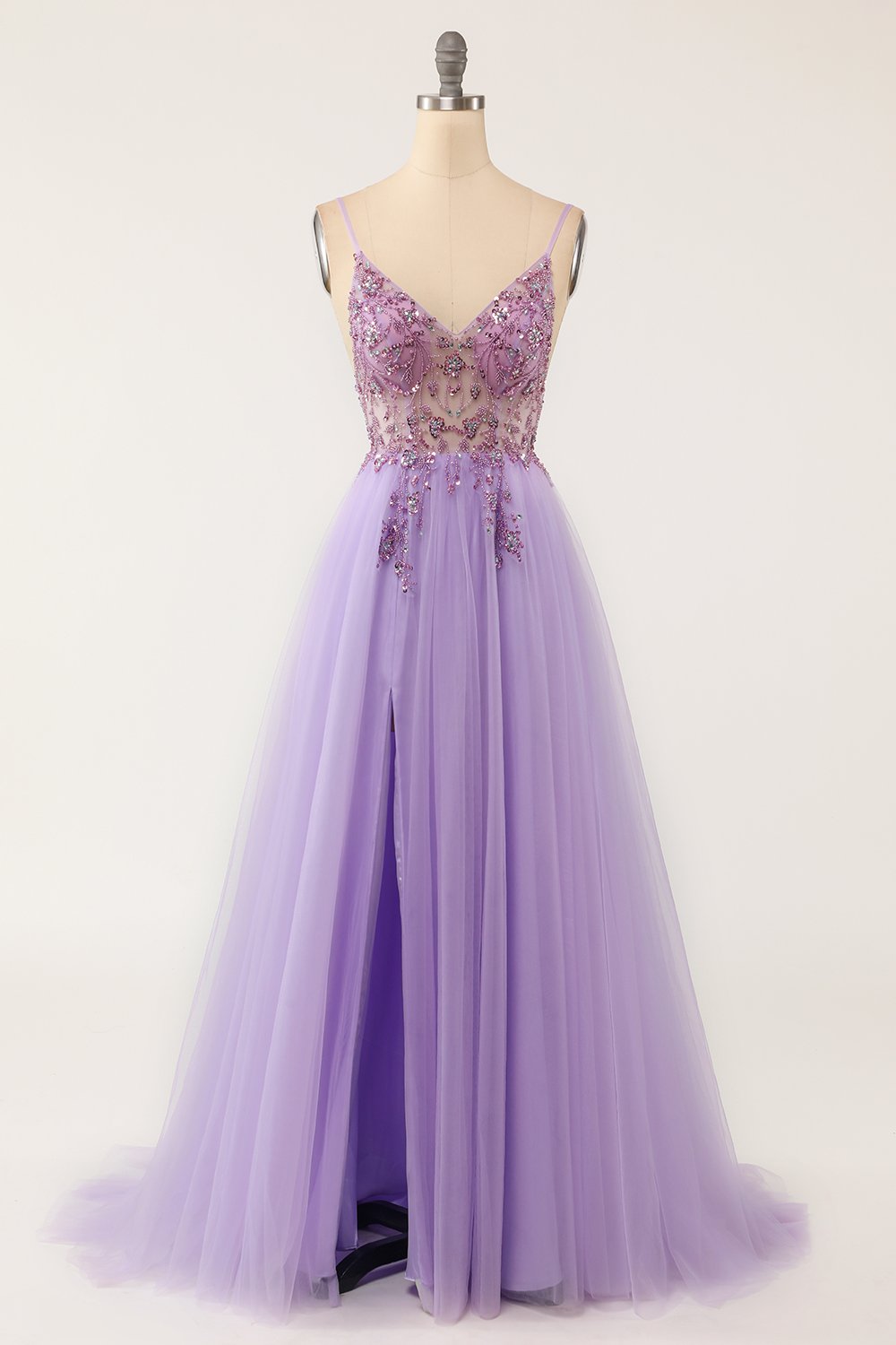 Vestido de fiesta largo de tul con cuentas morado