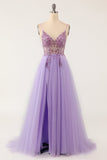 Vestido de fiesta largo de tul con cuentas morado
