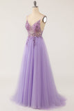 Vestido de fiesta largo de tul con cuentas morado