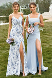 Vestido de dama de honor sirena azul cielo con hendidura