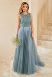 Vestido de dama de honor de tul azul gris con encaje