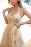 A Line Spaghetti Straps Champagne Prom Dress con Apliques