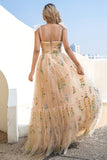 A Line Spaghetti Straps Champagne Prom Dress con Apliques