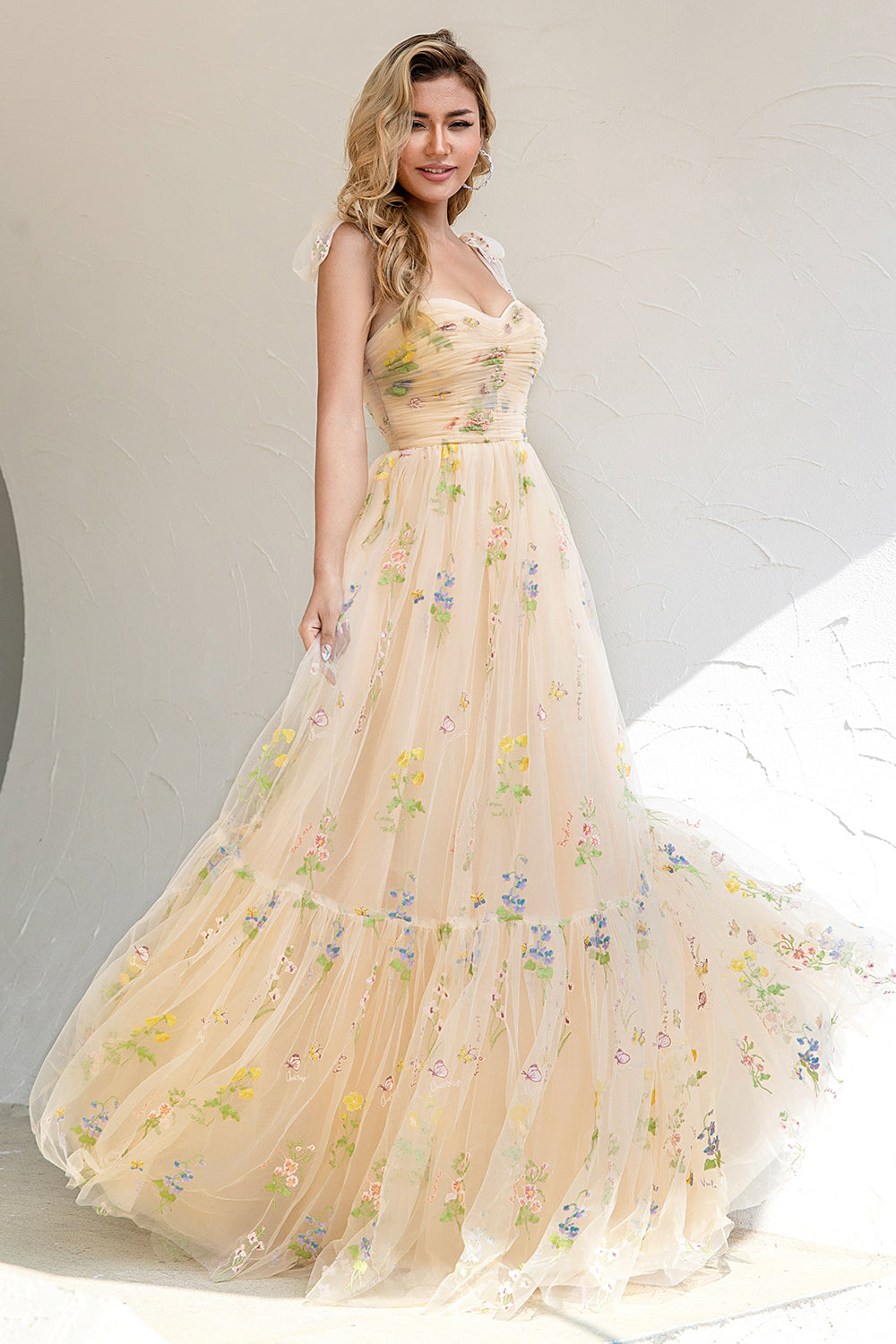 A Line Spaghetti Straps Champagne Prom Dress con Apliques
