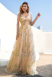 A Line Spaghetti Straps Champagne Prom Dress con Apliques