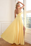 Clásico A Línea V Cuello Amarillo Vestido largo de fiesta con frente dividido