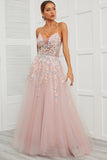 Vestido de fiesta de tul rosa con tirantes finos