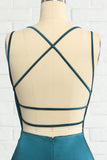 Vestido de fiesta largo sin espalda sirena azul pavo real