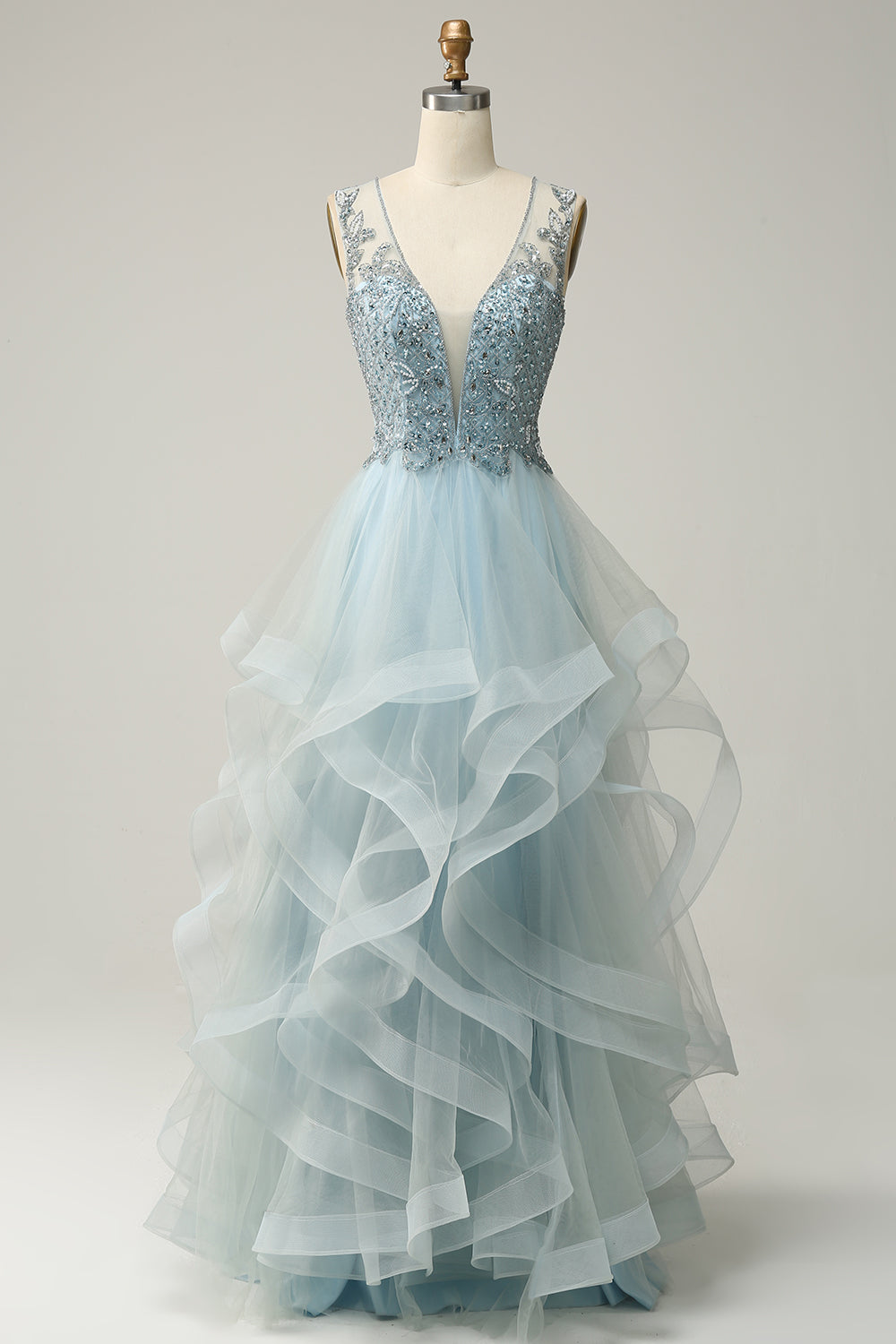 A Línea Azul Claro Vestido de Fiesta Con Apliques