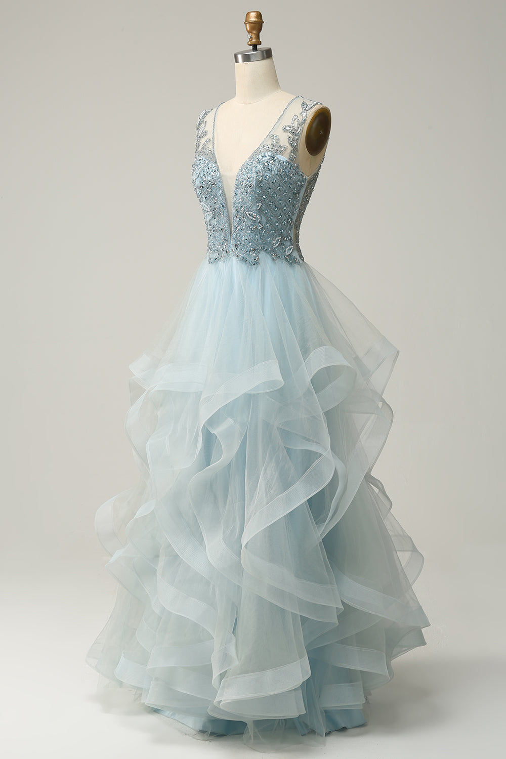 A Línea Azul Claro Vestido de Fiesta Con Apliques