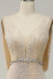 Cuello en V Champán Lentejuelas Vestido de Fiesta