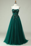 A Línea Tirantes de Espagueti Verde Oscuro Vestido de Graduación