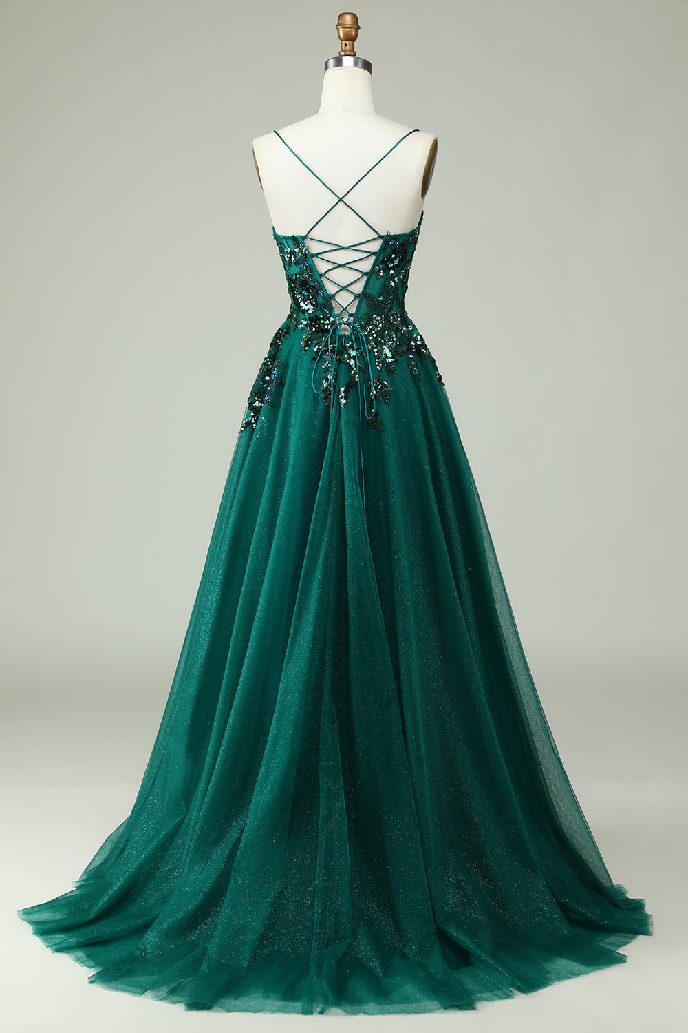 A Línea Tirantes de Espagueti Verde Oscuro Vestido de Graduación