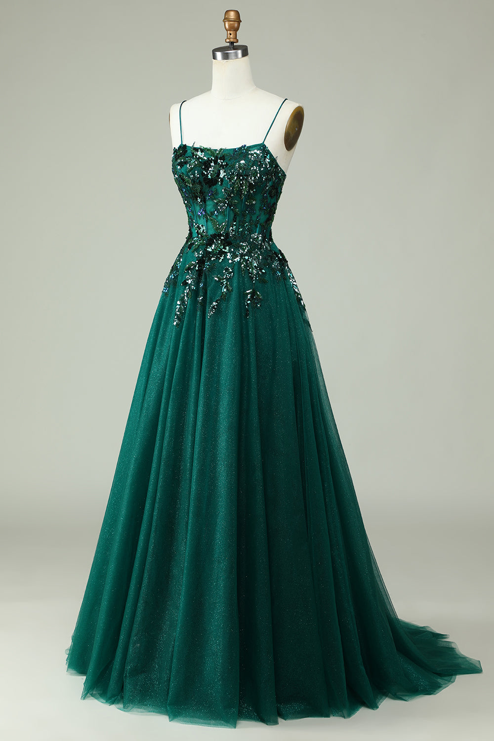A Línea Tirantes de Espagueti Verde Oscuro Vestido de Graduación