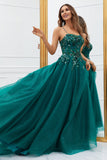 Vestido de Baile Largo Tul Verde Oscuro Apliques