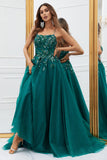 Vestido de Baile Largo Tul Verde Oscuro Apliques