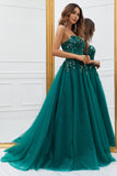 Vestido de Baile Largo Tul Verde Oscuro Apliques