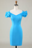 Bodycon Off the Shoulder Blue Short Homecoming Dress con volantes