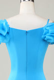 Bodycon Off the Shoulder Blue Short Homecoming Dress con volantes