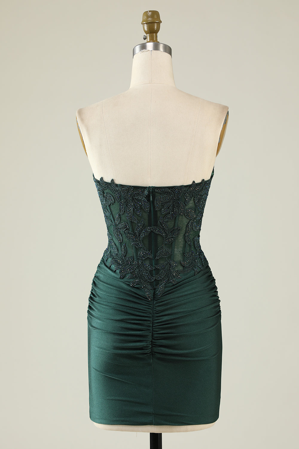 Moderno vestido corto de bienvenida verde oscuro sin tirantes con abalorios