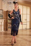 Vestido flapper flapper de lentejuelas con flecos azules brillantes de la década de 1920 con abalorios