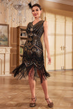Lentejuelas con cuello en V Negro dorado Vestido de fiesta de la década de 1920 con flecos