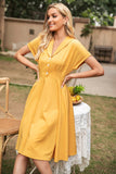Elegante vestido vintage de cuello V amarillo