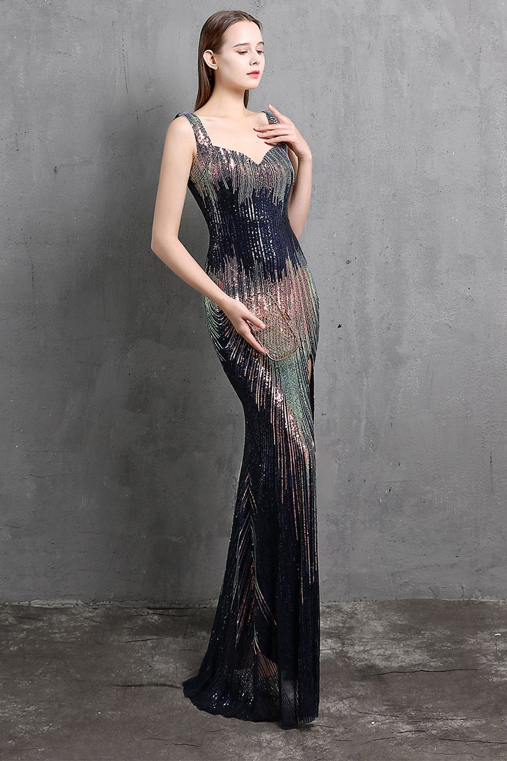 Vestido de lentejuelas doradas de lentejuelas V cuello