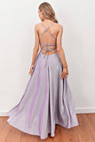 Vestido largo de baile lila deep V neck con correas cruzadas