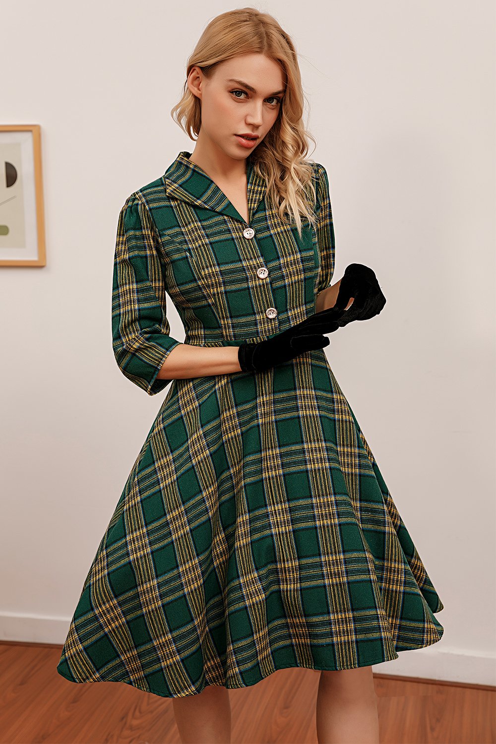 Vestido de manga de cuadro verde 3/4