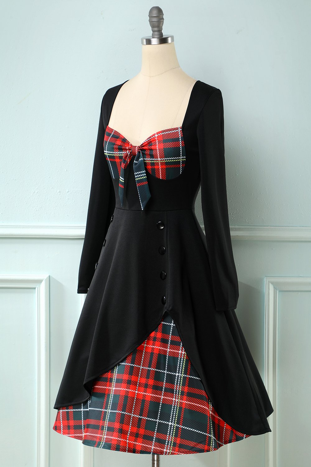 A Cuadros 1950s Vestido con Mangas Largas