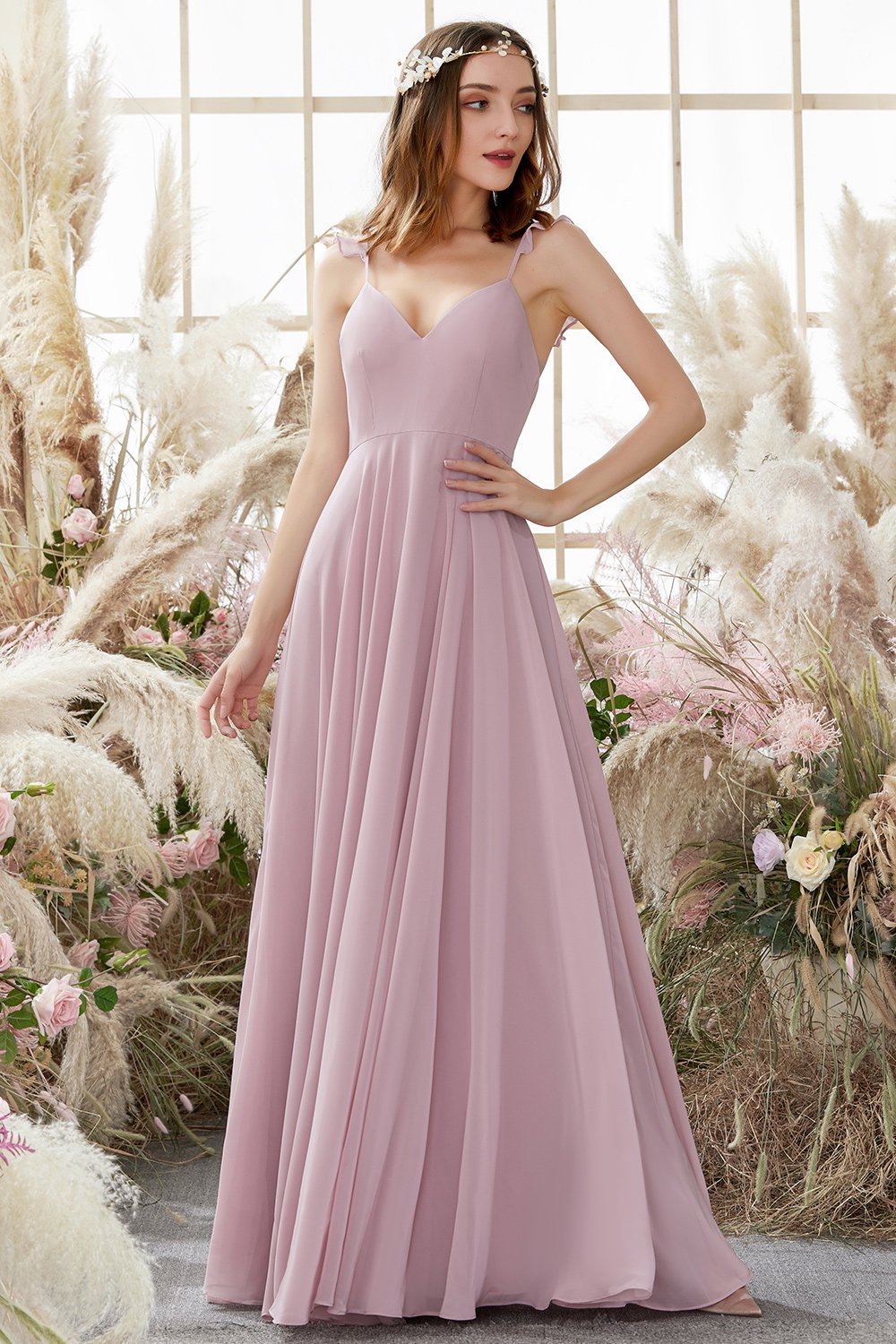 Blush Spaghetti correas de la gasa dama de honor vestido