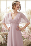 Rosa Batwing mangas gasa vestido de dama de honor