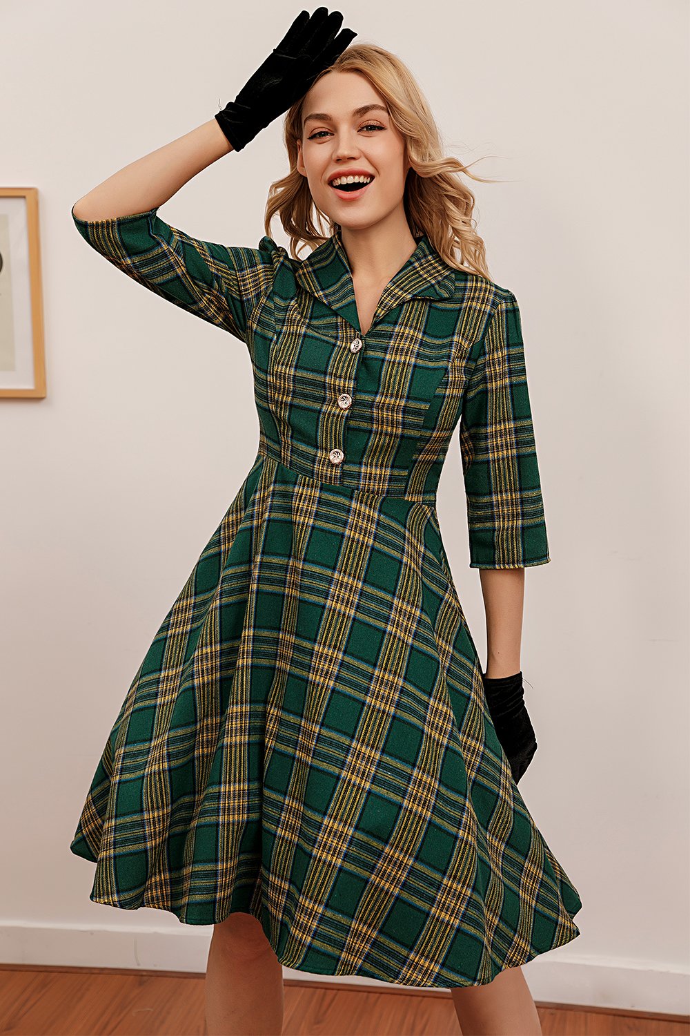 Vestido de manga de cuadro verde 3/4