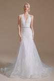 Vestido de novia blanco de sirena Halter Sweep Train con encaje