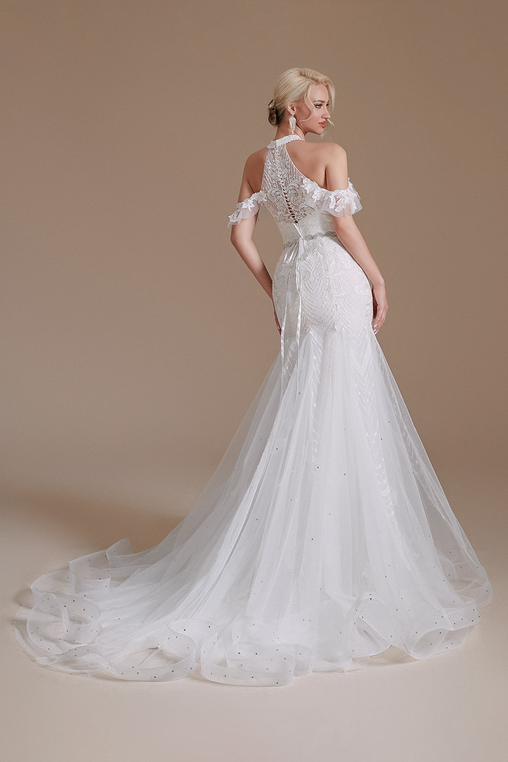 Vestido de novia blanco de sirena Halter Sweep Train con encaje