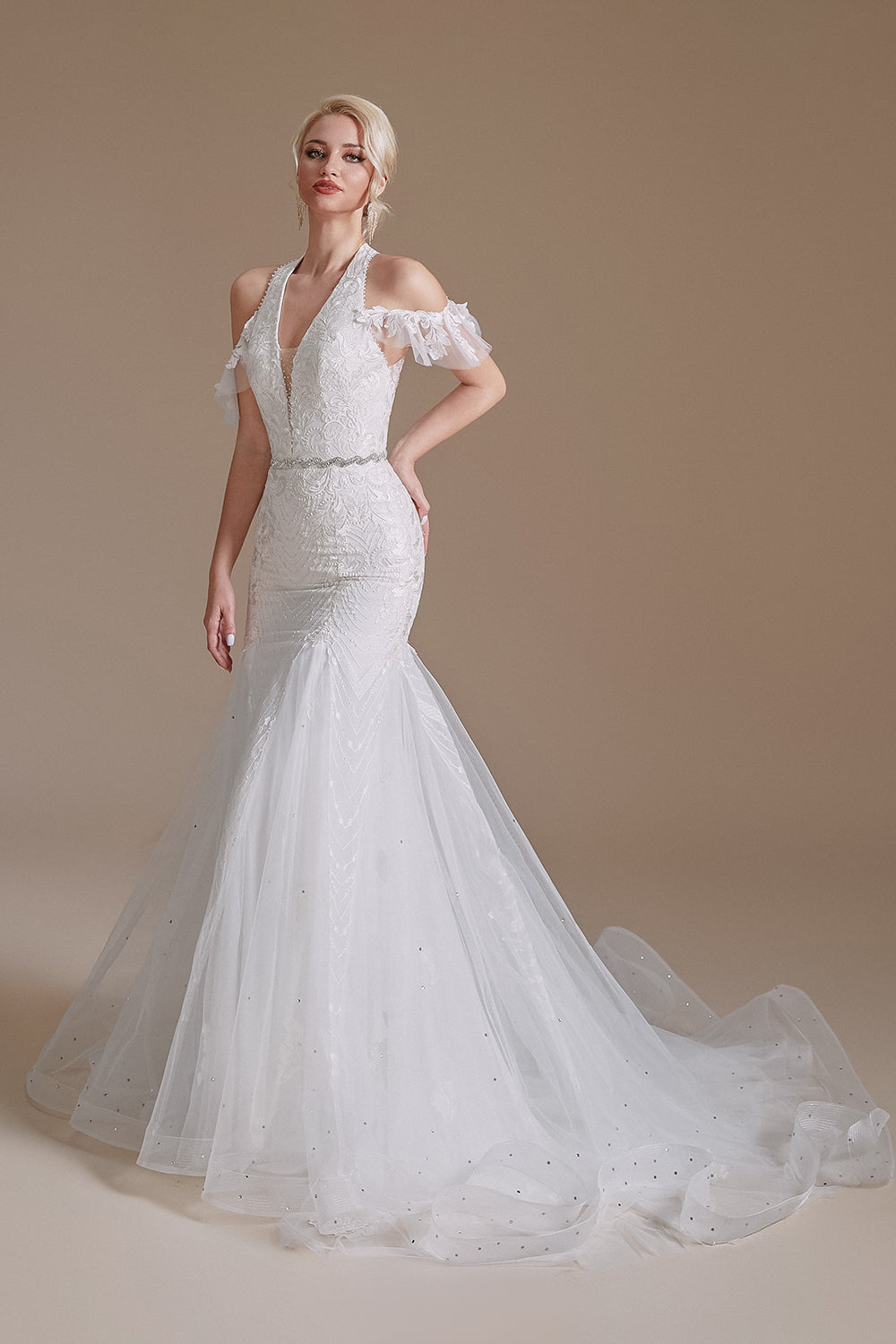 Vestido de novia blanco de sirena Halter Sweep Train con encaje