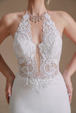 Sirena Halter Sin espalda Sweep Train Vestido Blanco de novia con encaje