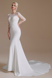 Sirena manga larga Sweep Train Vestido blanco de novia con encaje