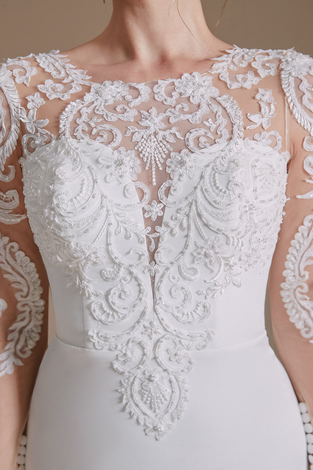 Sirena manga larga Sweep Train Vestido blanco de novia con encaje