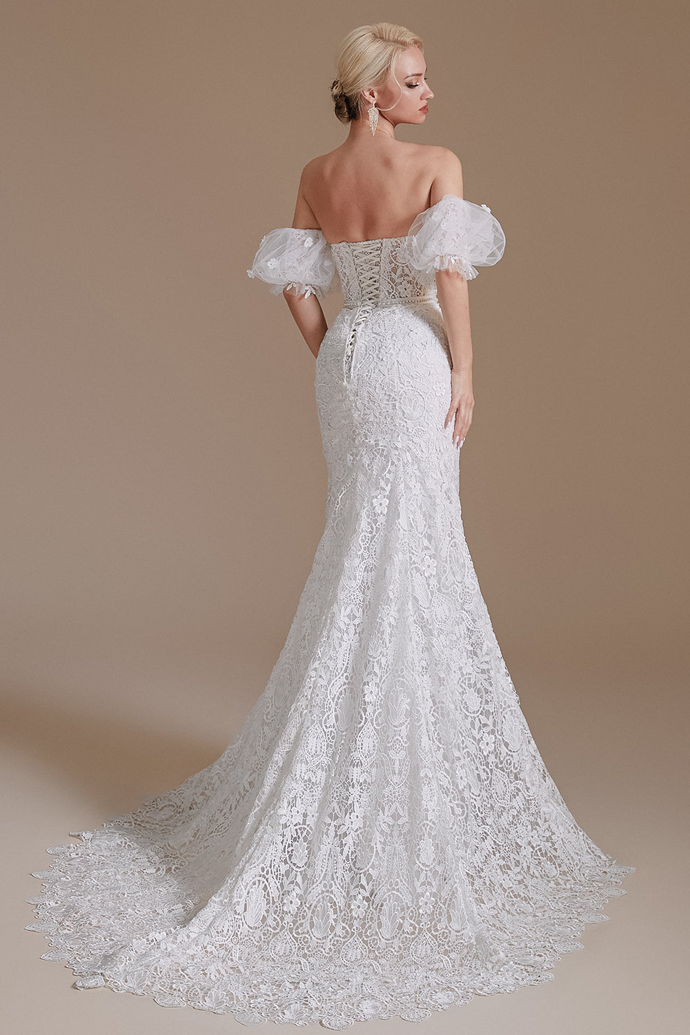 Encaje sirena mangas de hojaldre desmontables Barrer tren Vestido blanco de novia