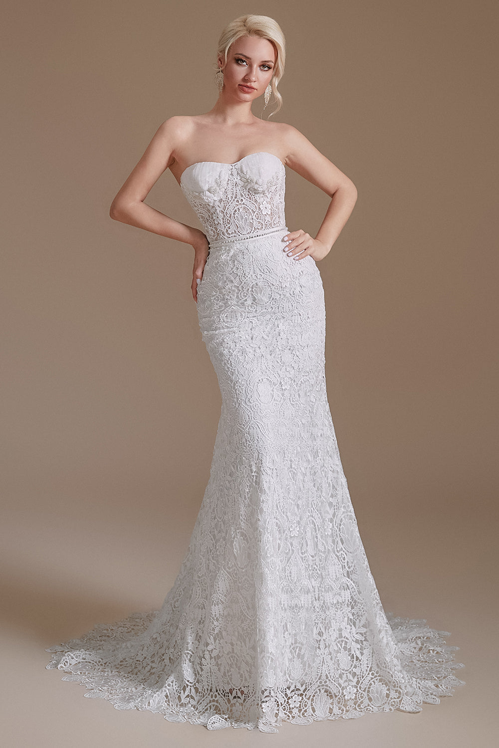 Encaje sirena mangas de hojaldre desmontables Barrer tren Vestido blanco de novia