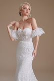 Encaje sirena mangas de hojaldre desmontables Barrer tren Vestido blanco de novia