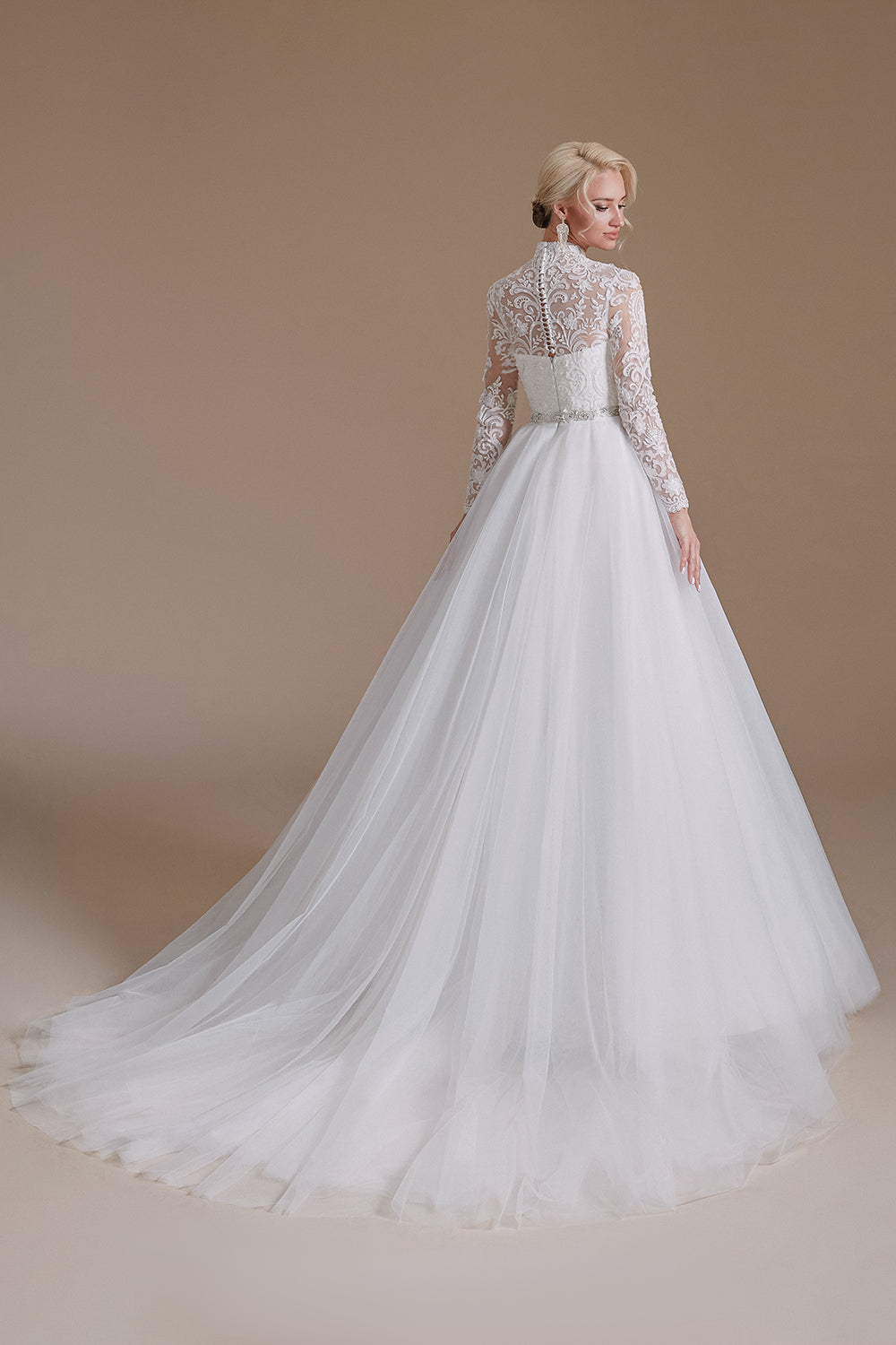 Blanco Corte A Cuello Alto Manga Larga Vestido de Novia con Encaje