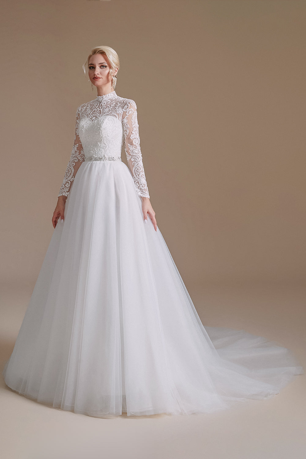 Blanco Corte A Cuello Alto Manga Larga Vestido de Novia con Encaje