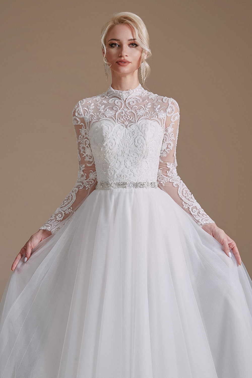 Blanco Corte A Cuello Alto Manga Larga Vestido de Novia con Encaje