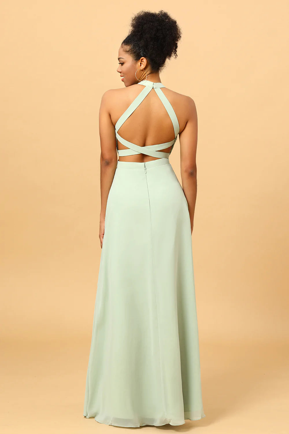 A Línea Halter Menta Vestido de Dama de Honor Espalda Abierta
