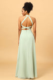 A Línea Halter Menta Vestido de Dama de Honor Espalda Abierta
