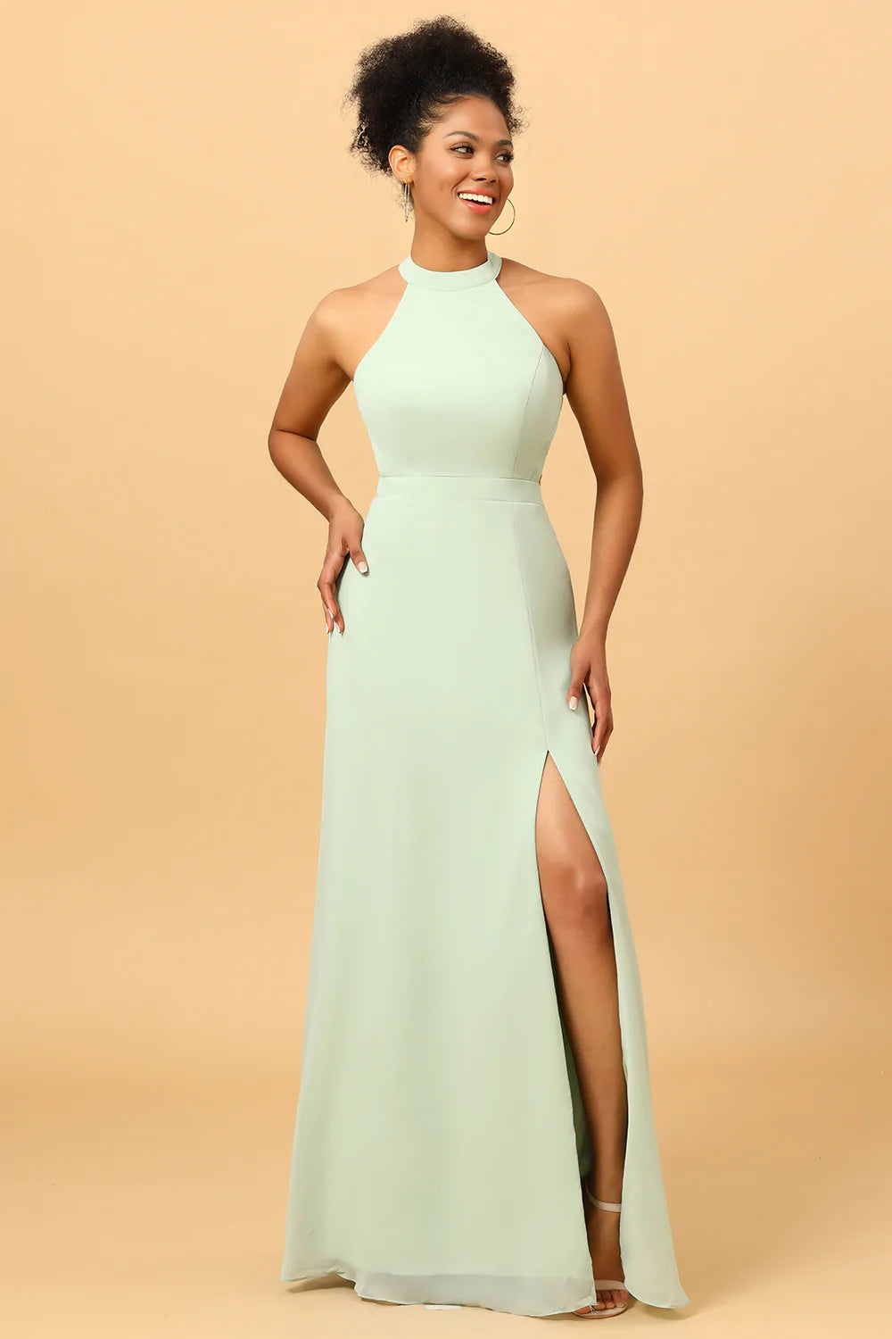 A Línea Halter Menta Vestido de Dama de Honor Espalda Abierta
