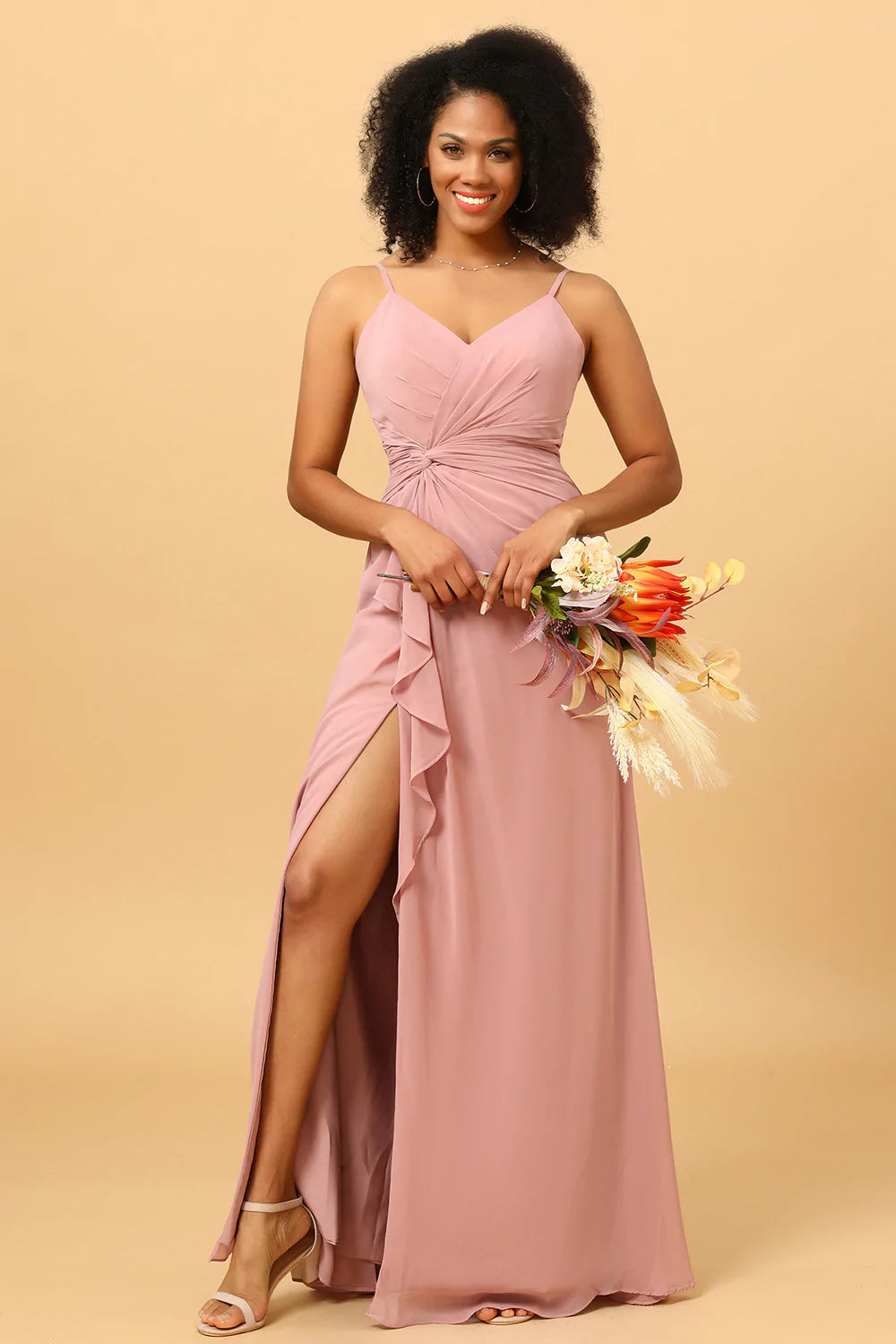 A Línea Correas de Espagueti Rosa Vestido de Dama de Honor